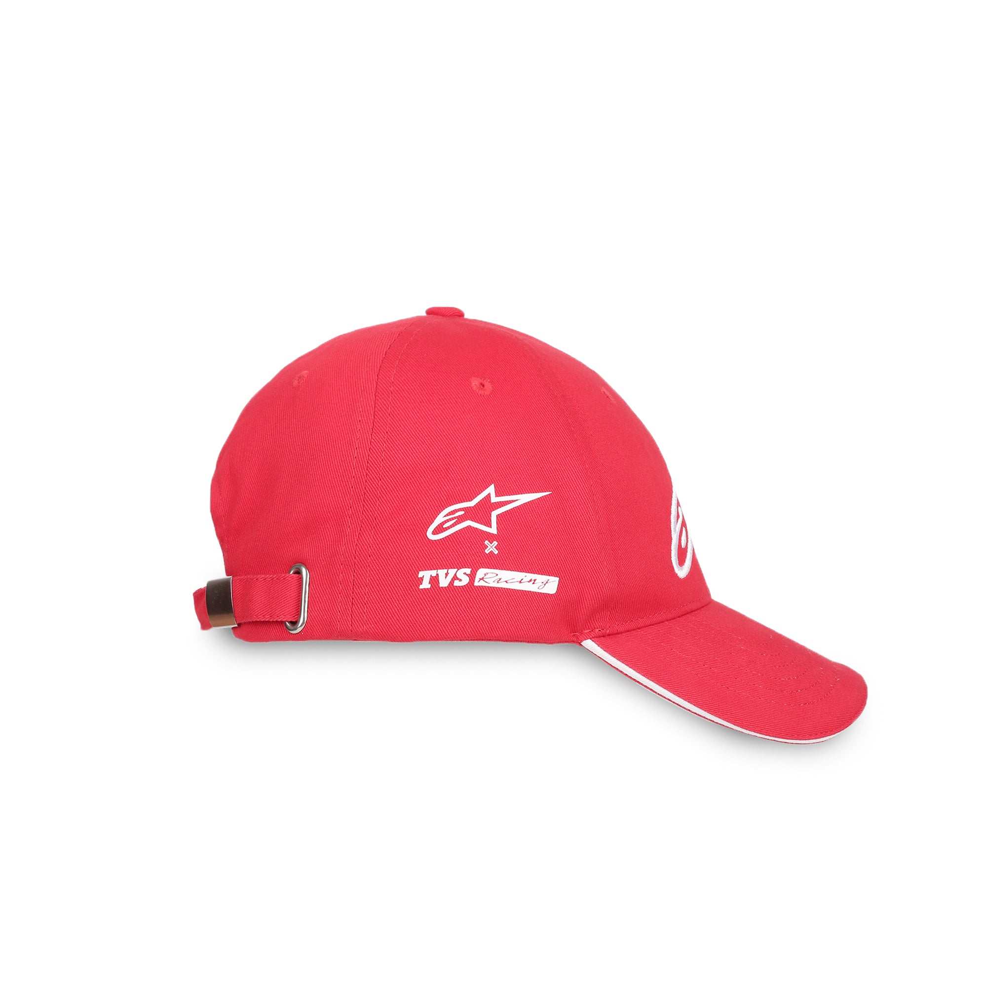 TVS Racing x Alpinestars Cap – 100% Cotton Twill, Breathable & Skin-Friendly Fabric, 6-Panel Design, Adjustable Metal Buckle Closure, Flexible Peak for Sunshade, and Embroidered Branding
